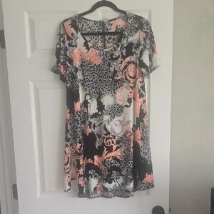 HoneyMe Black White and Coral Patterned Midi Dress